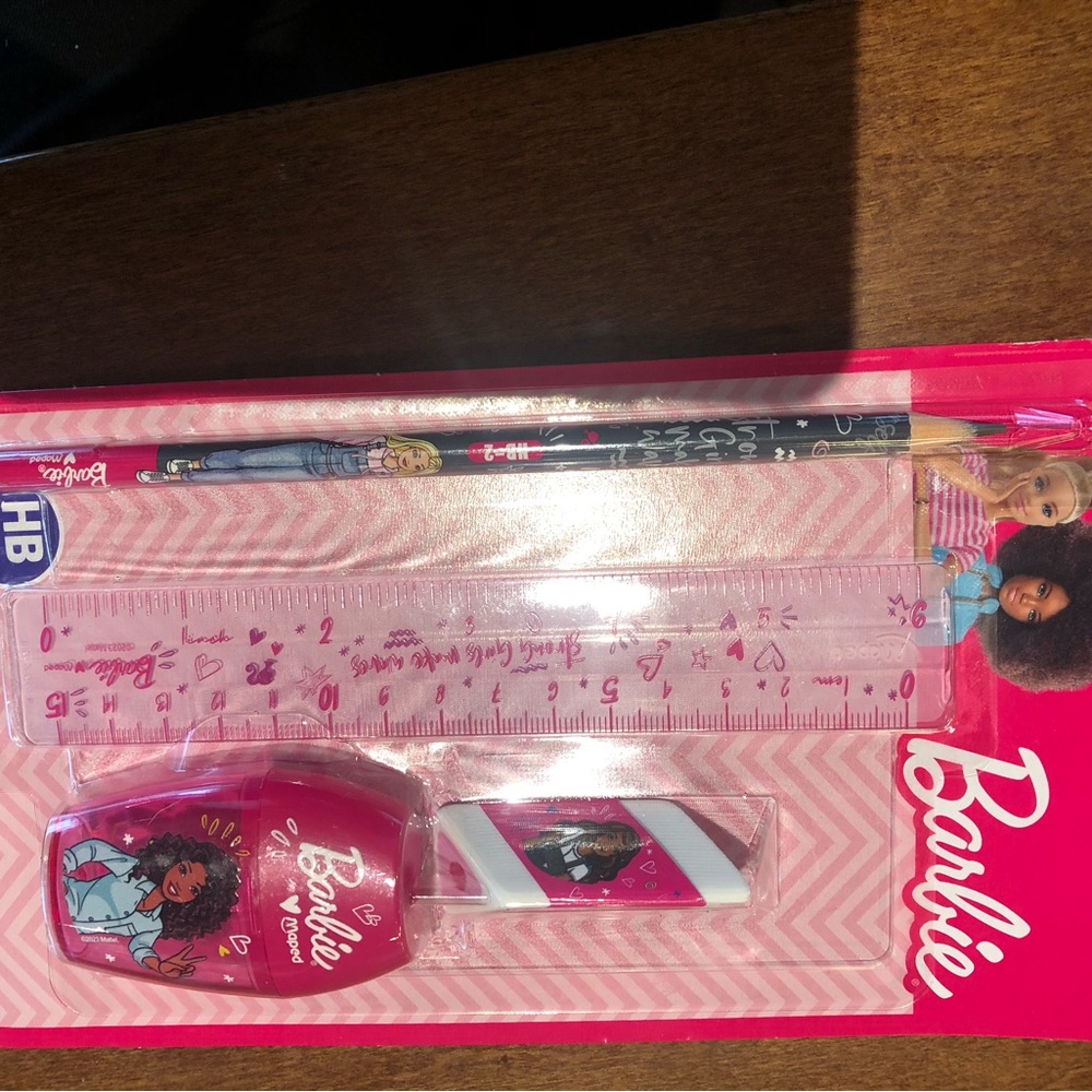 BARBIE Pink School Stationery Set - Pencil, Eraser, Ruler & Sharpener